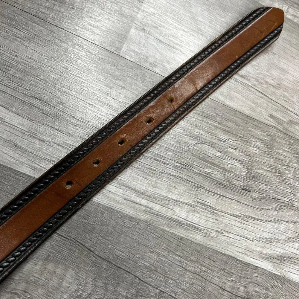 Vintage 80s Leather Brown Black Belt Baron Solid Bass Buckle